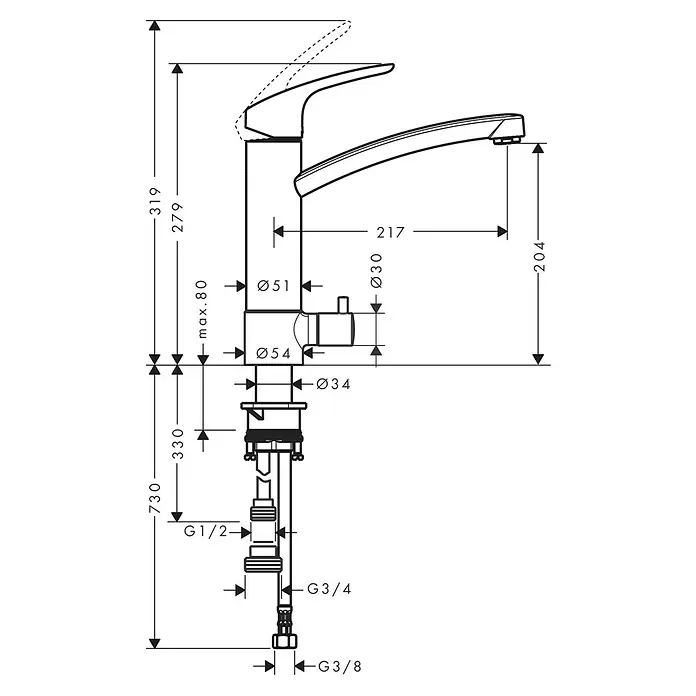 Hansgrohe Focus M41 Spültischarmatur - Höhe: 319 mm, Chrom, Glänzend - Technische Zeichnung eines Einhebel-Waschtischmischers mit Maßen.
