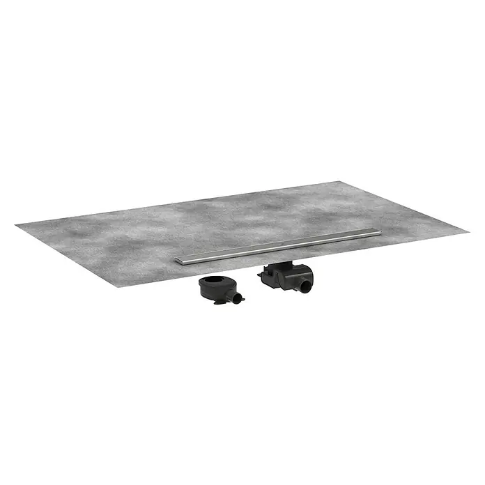 Hansgrohe Duschrinne RainDrain Allround - 80 cm, Edelstahl - Produktabbildung eines Duschbodens mit Ablaufrinne und Zubehör für eine moderne Badezimmerinstallation. Das Set beinhaltet alles Notwendige für den Einbau.