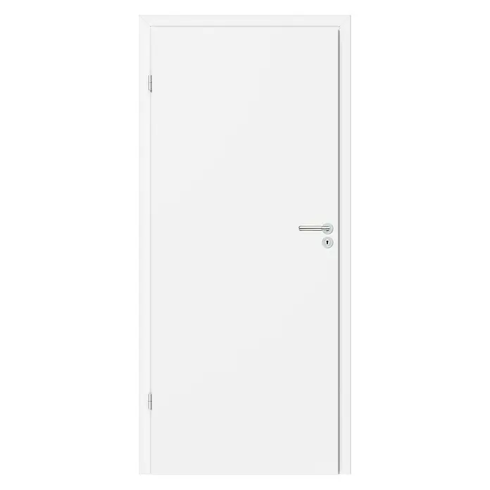 Classen PL Zimmertür - 860 x 1.985 mm, DIN Anschlag: Links, Monari Weiß, Wabe - Eine schlichte weiße Tür mit modernem Türgriff und minimalistischem Design, ideal für moderne Innenräume.