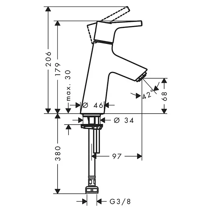 Hansgrohe Talis S Kaltwasser-Standventil - Chrom, Glänzend - Technische Zeichnung eines Einhebel-Waschtischmischers mit Maßen und Montagedetails.