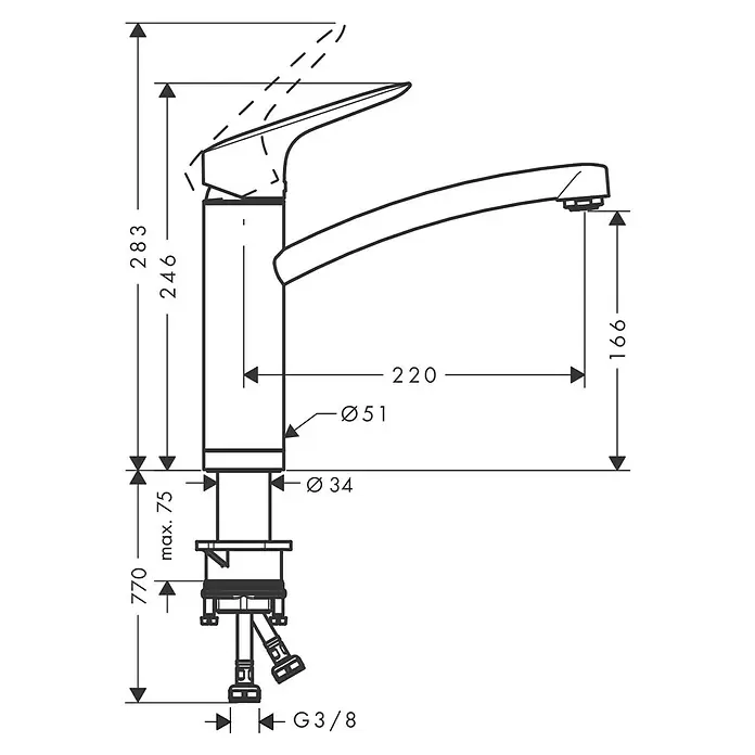 Hansgrohe Logis Spültischarmatur M31 - Höhe: 283 mm, Chrom, Glänzend - Technische Zeichnung einer Küchenarmatur mit hohem Auslauf, zeigt Maße wie 283mm Gesamthöhe, 220mm Ausladung und G3/8 Anschlüsse.