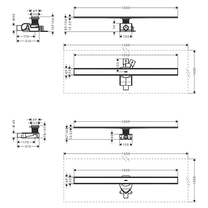 Hansgrohe Duschrinne RainDrain Allround - 100 cm, Edelstahl - Technische Zeichnung einer Duschrinne mit allen Maßen für den Einbau, Draufsicht und Seitenansicht des Duschablaufs.
