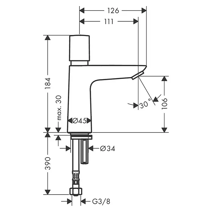 Hansgrohe Talis E Kaltwasser-Standventil - Chrom, Glänzend - Technisches Maßbild einer Waschtischarmatur, zeigt Gesamthöhe, Ausladung und Montagedetails.