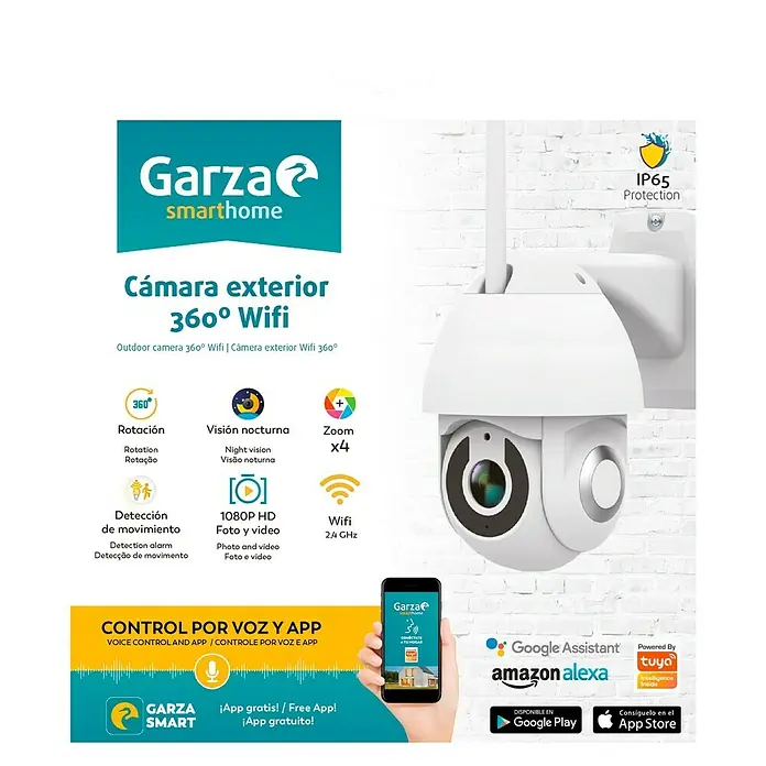 Garza Cámara de vigilancia Smart Wifi -  - Cámara exterior 360° Wifi de Garza Smarthome con visión nocturna, zoom x4, detección de movimiento, foto/vídeo 1080P HD y Wifi 2,4 GHz.
