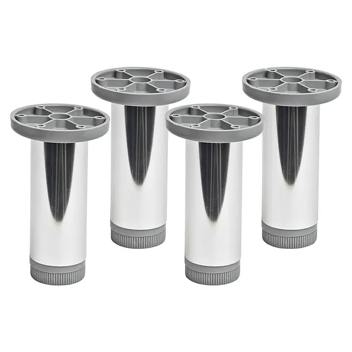Pata para muebles - Ø x Al: 4 x 10 cm, Capacidad de carga: 30 kg, Aluminio, 4 ud., Cromado - Cuatro patas de muebles cromadas con extremos de plástico gris. Estables y modernos para todo tipo de muebles.