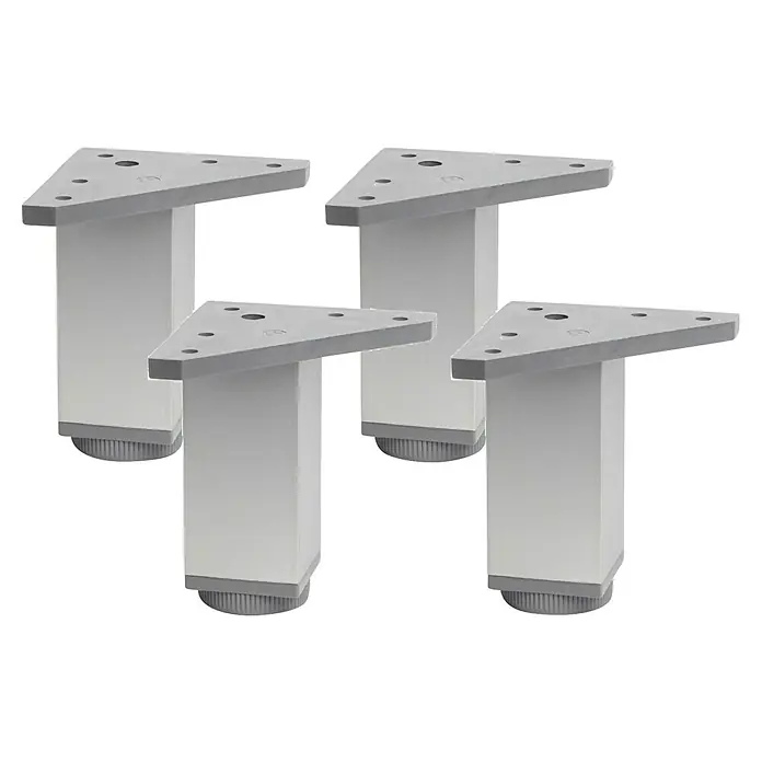 Pata para muebles - L x An x Al: 4 x 4 x 10 cm, Aluminio, Cuadrado, 4 ud. - Cuatro patas de mueble con placas de montaje triangulares y pies ajustables. Ideal para añadir estabilidad a cualquier mueble.