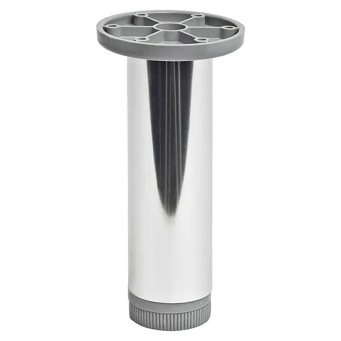 Pata para muebles - Ø x Al: 3,9 x 22,2 cm, Aluminio, Cromo, 1 ud. - Primer plano de una pata de mueble metálica con un soporte de montaje de plástico gris en la parte superior y un pie de plástico gris en la parte inferior.