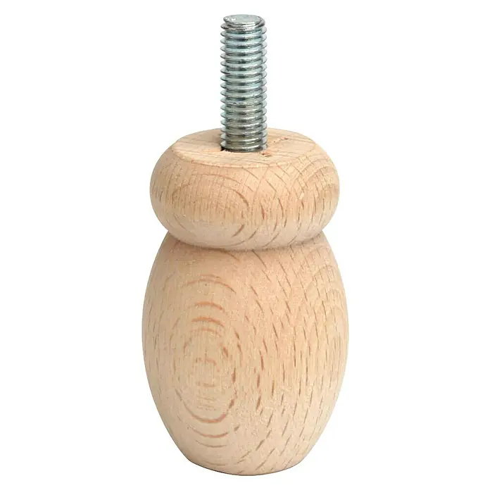 Rei Pata para muebles Ranni - Ø x Al: 3,6 x 5,5 cm, Madera - Primer plano de una pata de mueble de madera clara con una varilla roscada de metal, ideal para bricolaje.