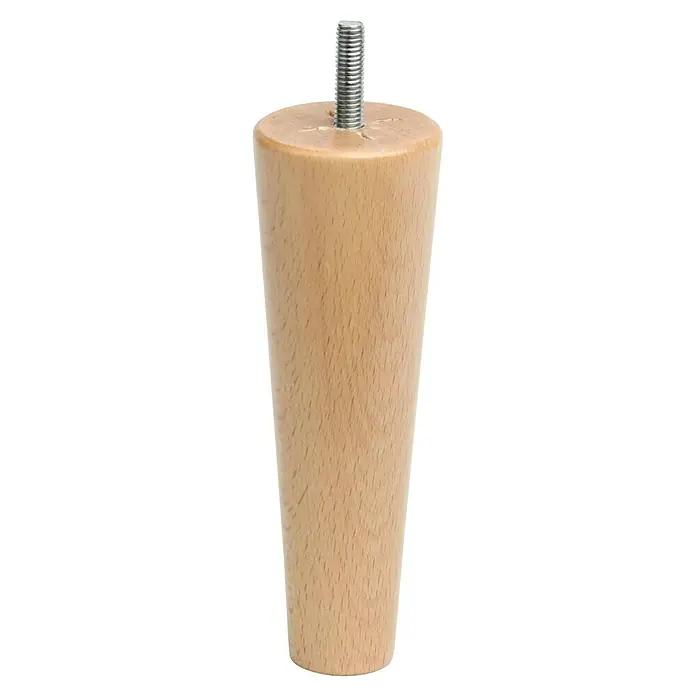 Rei Pata para muebles Cónica - Ø x Al: 4,9 x 15 cm, Capacidad de carga: 30 kg, Madera, Lacado - Primer plano de una pata de mueble de madera clara con un perno roscado en la parte superior, ideal para proyectos de bricolaje y reparaciones.