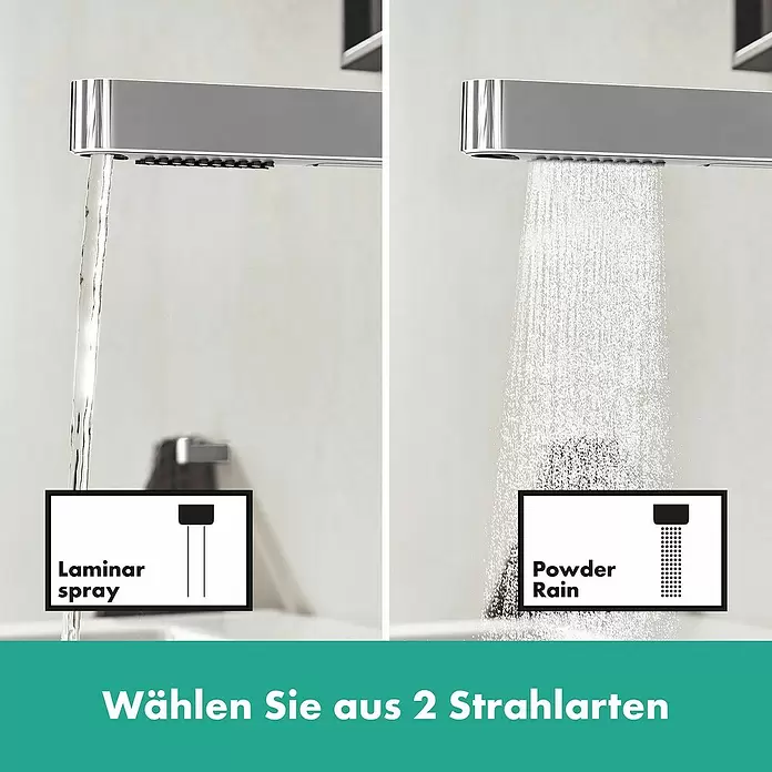 Hansgrohe Finoris Waschtischarmatur 230 - Chrom, Ausziehbar - Verchromter Duschkopf zeigt zwei Strahlarten: einen laminaren Strahl (glatter Wasserstrahl) und einen feinen PowderRain. Wählen Sie zwischen diesen zwei Strahlarten.