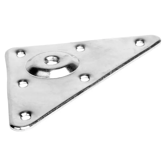 Rei Placa de montaje - L x An x Al: 120 x 90 x 7 mm, Rosca: M 8 - Un soporte de montaje triangular plateado con un casquillo roscado central y orificios de montaje para una instalación estable y segura.