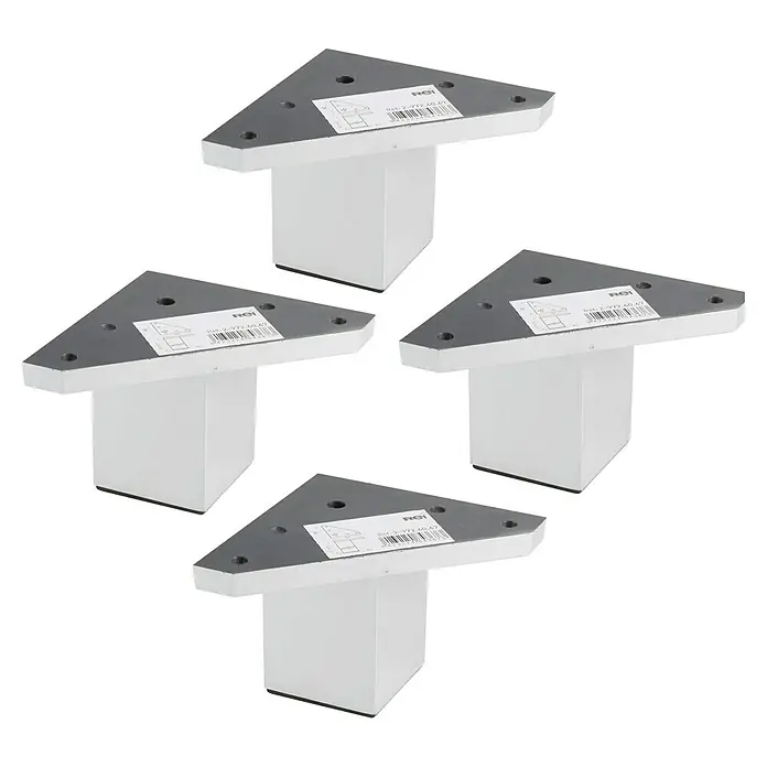 Rei Set de patas de mueble 972 - L x An x Al: 4,2 x 4,2 x 6 cm, Plástico, 4 ud., Aluminio - Cuatro patas de mueble con placa de montaje triangular y base cuadrada blanca para una base estable y elegante.
