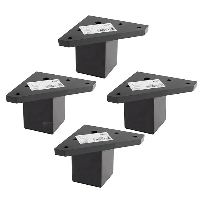 Rei Set de patas de mueble 972 - L x An x Al: 4,2 x 4,2 x 6 cm, Plástico, 4 ud., Negro - Cuatro patas de muebles negras con placa de montaje triangular y etiqueta, ideales para una fijación estable bajo los muebles.