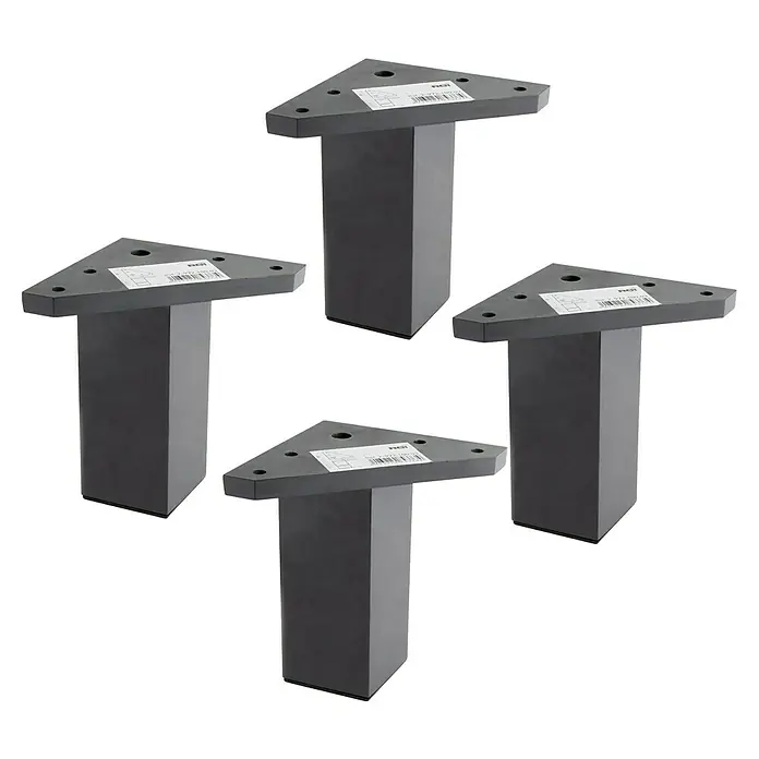 Rei Set de patas de mueble 972 - L x An x Al: 4,2 x 4,2 x 10 cm, Plástico, 4 ud., Negro - Cuatro patas de metal para muebles con placas de montaje triangulares, perfectas para proyectos de bricolaje.