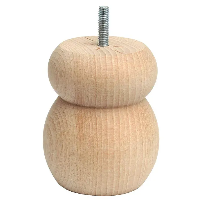 Rei Pata para muebles Bolas - Ø x Al: 10 x 8,5 cm, Capacidad de carga: 30 kg, Madera - Primer plano de una pata de mueble de madera clara con un perno roscado. Ideal para proyectos de bricolaje y reparaciones de muebles.
