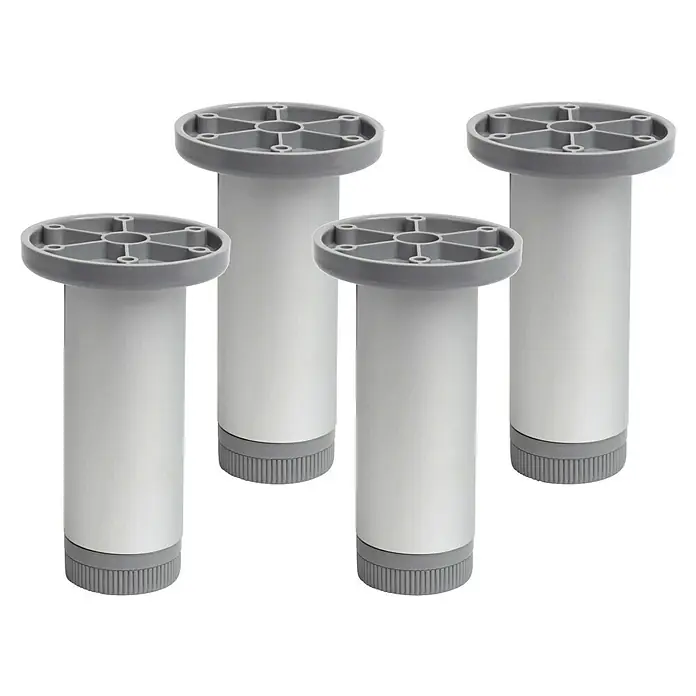 Pata para muebles - Ø x Al: 4 x 10 cm, Capacidad de carga: 30 kg, Aluminio, 4 ud., Anodizado - Un primer plano de cuatro patas de muebles de metal con una base redonda gris y un cuerpo cilíndrico plateado.