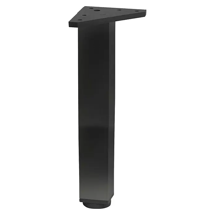 Pata para muebles - L x An x Al: 4 x 4 x 30 cm, Aluminio, Negro, Cuadrado, 1 ud. - Una sola pata de mesa cuadrada negra con placa de montaje triangular y pie ajustable, ideal para proyectos de muebles.