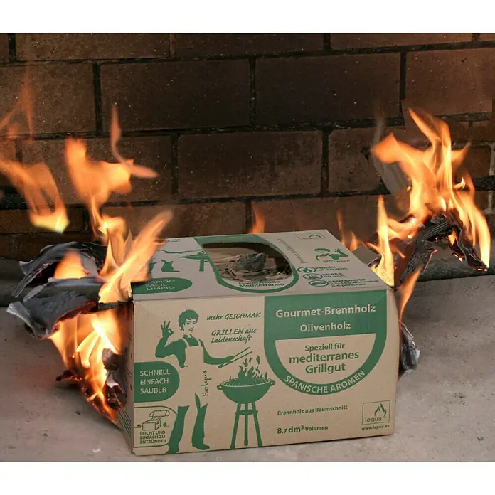 Legua Leña Gourmet asado olivo - 5 kg, Pino - Caja quemada de "Gourmet-Brennholz Olivenholz", parrilla mediterránea con aromas españoles de Legua.