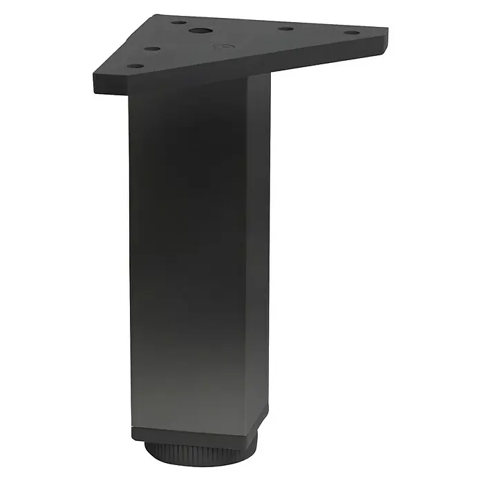 Pata para muebles - L x An x Al: 4 x 4 x 15 cm, Aluminio, Negro, Cuadrado, 1 ud. - Esta imagen muestra una pata de mueble de metal con una placa de montaje triangular y un pie ajustable.
