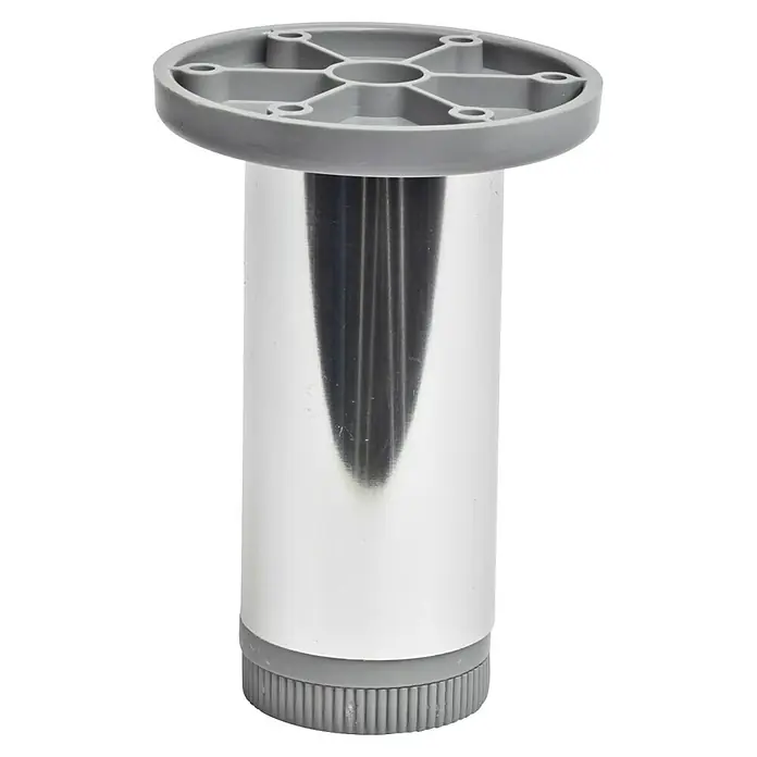 Pata para muebles - Ø x Al: 4 x 15 cm, Aluminio, Cromo, 1 ud. - Primer plano de una pata de mueble cromada con piezas de plástico grises en la parte superior e inferior, apta para sofá, mesa u otros muebles.