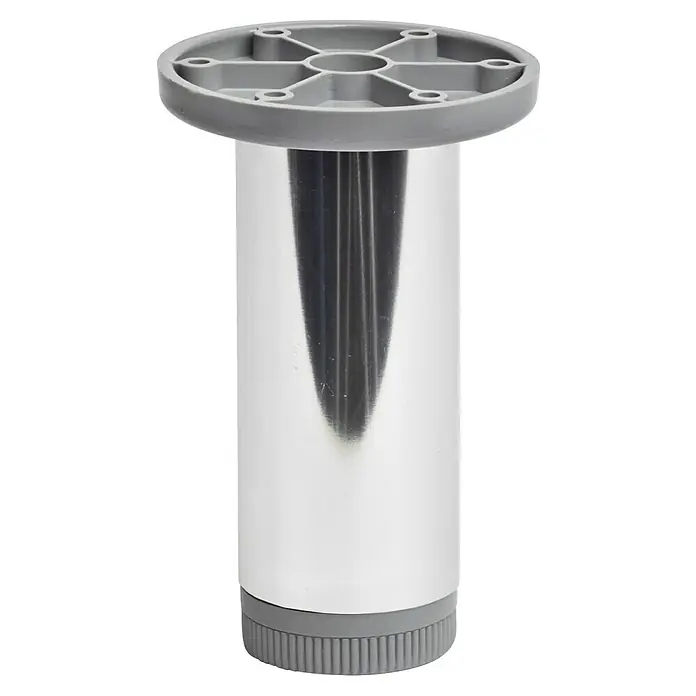 Pata para muebles - Ø x Al: 4 x 12 cm, Aluminio, Cromo, 1 ud. - Una pata de mueble cilíndrica ajustable hecha de metal brillante con accesorios de plástico gris en la parte superior e inferior.