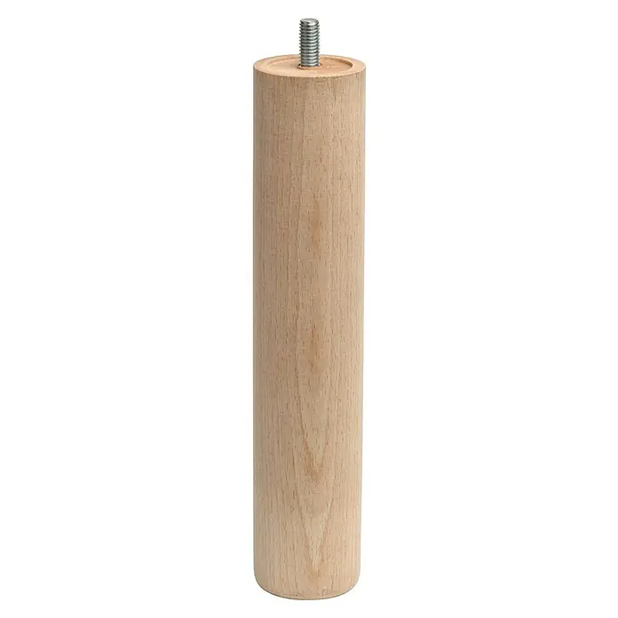 Rei Pata para muebles - Ø x Al: 5 x 25 cm, Capacidad de carga: 250 kg, Madera, Crudo - Primer plano de una pata de mueble de madera con rosca. Ideal para proyectos de bricolaje y reparación de muebles.