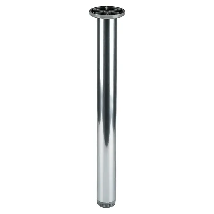 Pata para muebles - Ø x Al: 4 x 40 cm, Aluminio, Cromo, 1 ud. - Primer plano de una pata de mesa plateada con placa de montaje negra y base estriada, ideal para proyectos de muebles.