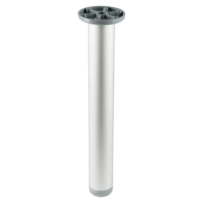 Pata para muebles - Ø x Al: 4 x 13,6 cm, Aluminio, Cromo, 1 ud. - La imagen muestra una pata de mesa de metal con una base gris y una placa superior gris para su fijación.