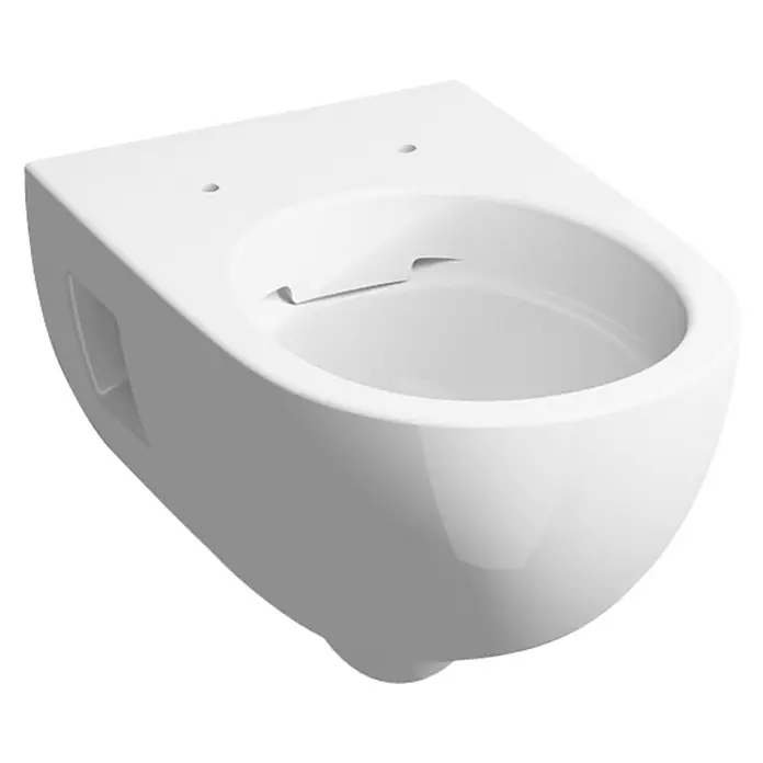 Geberit Renova Wand-WC Premium - Spülrandlos, Mit schmutzabweisender Glasur, Spülform: Tief, WC Abgang: Waagerecht, Weiß - Dieses Bild zeigt eine moderne, wandhängende Toilette in strahlendem Weiß. Die Toilette hat eine minimalistische Form und ein sauberes Design.