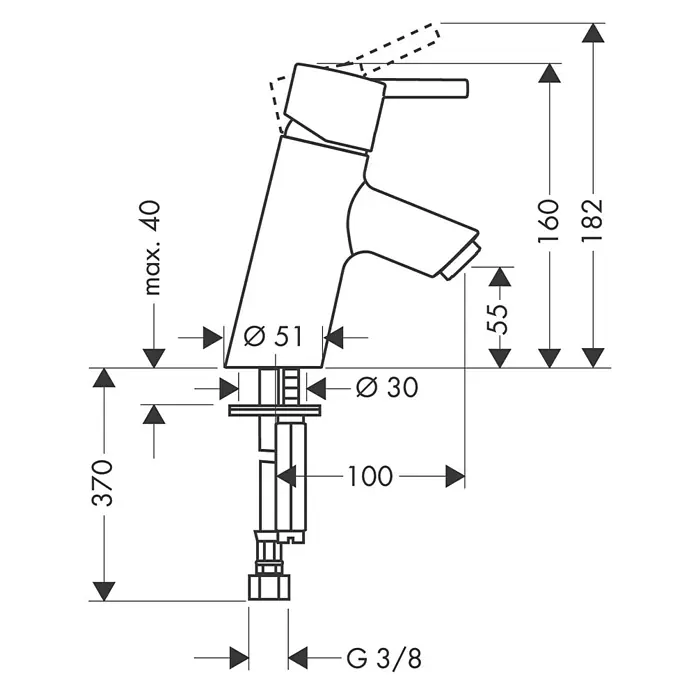 Hansgrohe Talis S Waschtischarmatur - Chrom - Technische Zeichnung eines Wasserhahns mit Maßen. Ideal für Badplaner und Installateure zur genauen Planung des Waschbeckens.