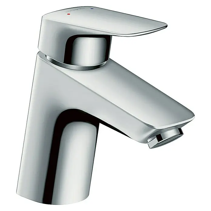 Hansgrohe Logis Waschtischarmatur 70 - Chrom - Nahaufnahme einer glänzenden, modernen Armatur mit rotem und blauem Punkt zur Temperaturregelung.