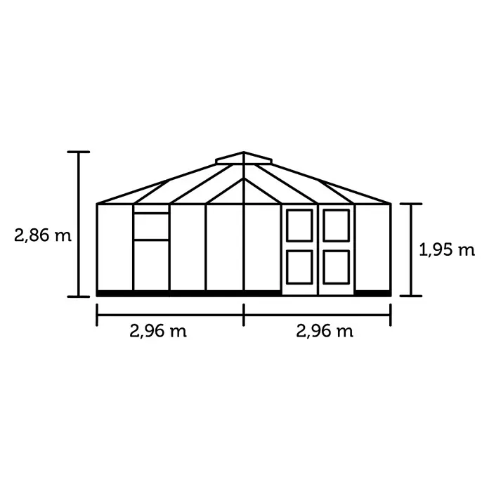 Juliana Gewächshaus Oase - Außenmaß inkl. Dachüberstand (B x T): 296 x 296 cm, Material Seitenwand: Glas, 3 mm, Anthrazit/Schwarz - Strichzeichnung eines mehreckigen Gewächshauses mit Maßen: Gesamtbreite 5,92m, Firsthöhe 2,86m, Seitenhöhe 1,95m.