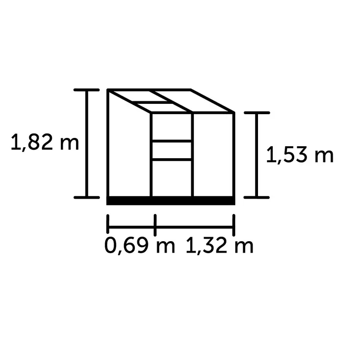 Halls Gewächshaus Altan 2 - Außenmaß inkl. Dachüberstand (B x T): 132 x 69 cm, Material Seitenwand: Glas, 3 mm, Schwarz - Schemazeichnung einer Struktur mit Maßen: Gesamthöhe 1,82m, Teilhöhe 1,53m, Breiten 0,69m und 1,32m.