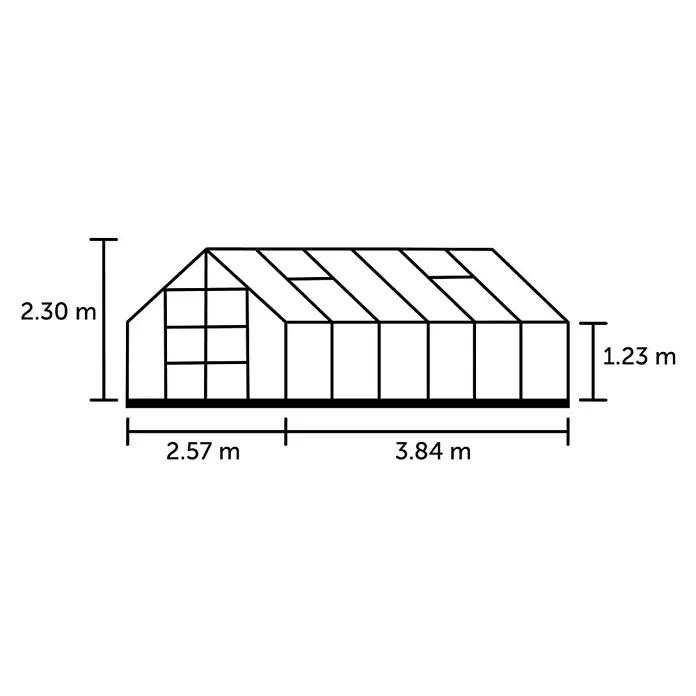 Halls Gewächshaus Universal 128 - Außenmaß inkl. Dachüberstand (B x T): 257 x 384 cm, Material Seitenwand: Kunststoff, 6 mm, Schwarz - Gewächshaus mit Giebeldach, Gesamthöhe 2.30m, Wandhöhe 1.23m und Gesamtlänge 6.41m (2.57m + 3.84m).
