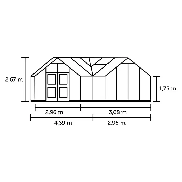 Juliana Gewächshaus Orangerie - Außenmaß inkl. Dachüberstand (B x T): 439 x 296 cm, Material Seitenwand: Glas, 3 mm, Anthrazit - Diagramm eines Gewächshauses, Vorderansicht mit Maßen für Höhe (2,67 m, 1,75 m) und Breite (2,96 m, 4,39 m, 3,68 m).