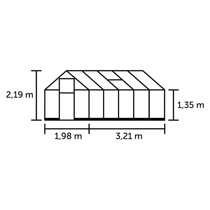 Halls Gewächshaus Qube 610 - Außenmaß inkl. Dachüberstand (B x T): 198 x 321 cm, Material Seitenwand: Glas, 3 mm, Schwarz - Diagramm eines Gewächshauses mit Maßen: Gesamthöhe 2,19m, Seitenwandhöhe 1,35m, Länge 5,19m (1,98m + 3,21m).