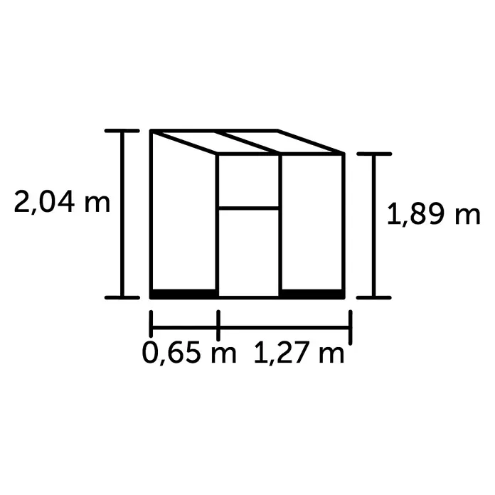 Halls Gewächshaus Qube Lean-to 24 - Außenmaß inkl. Dachüberstand (B x T): 127 x 65 cm, Material Seitenwand: Glas, 3 mm, Schwarz - Technische Zeichnung einer Struktur mit Maßen: Gesamthöhe 2,04m, Seitenhöhe 1,89m, Breitenabschnitte 0,65m und 1,27m.