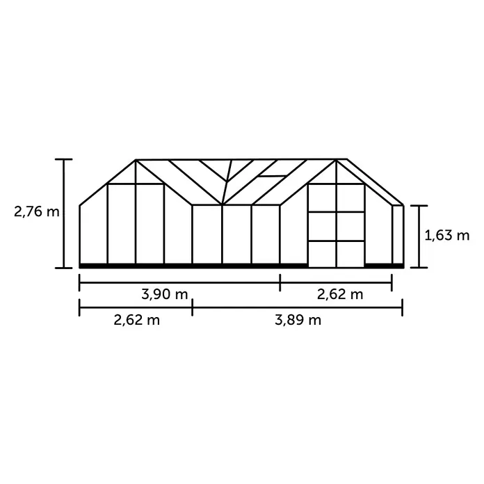 Halls Gewächshaus Garden Room - Außenmaß inkl. Dachüberstand (B x T): 390 x 389 cm, Material Seitenwand: Glas, 3 mm, Schwarz - Gewächshaus-Blaupause mit Hauptmaßen: Gesamthöhe 2,76m, Seitenwandhöhe 1,63m und diverse Breitenangaben.