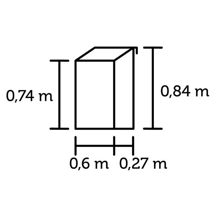 Juliana Gewächshaus Urban Balcony - Außenmaß inkl. Dachüberstand (B x T): 60 x 27 cm, Material Seitenwand: Glas, 4 mm, Schwarz - Schematische Zeichnung eines Quaders mit den Maßen 0,6 m Breite, 0,27 m Tiefe und Höhen von 0,74 m und 0,84 m.