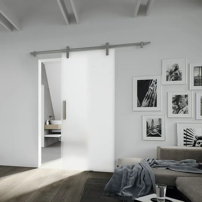 Diamond Doors Glasschiebetür-Beschlag Tender Pure - Edelstahloptik, Art Beschlag: Offen, Länge: 2.000 mm, Ohne Softeinzug - Elegante Schiebetür aus Glas trennt stilvoll Räume. Die Tür hängt an einer Metallschiene und verleiht dem Interieur ein modernes Flair.