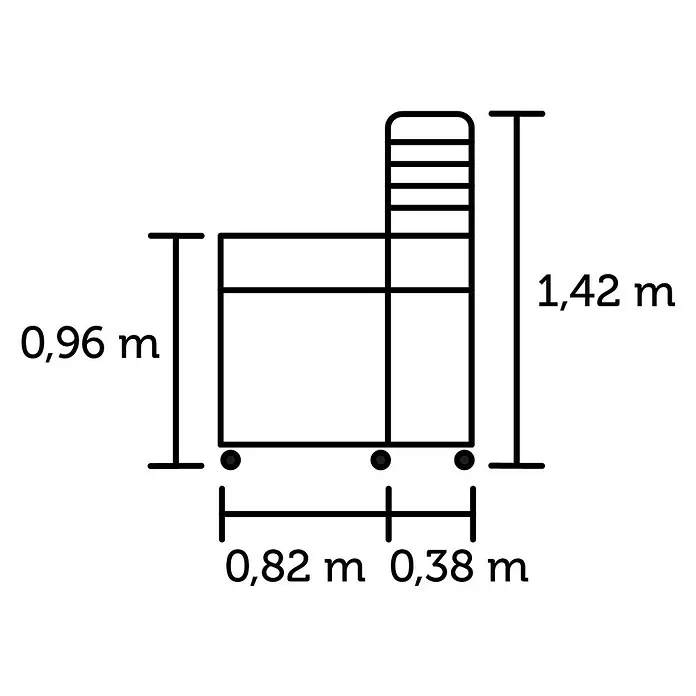 Juliana Gewächshaus Urban - Außenmaß inkl. Dachüberstand (B x T): 82 x 38 cm, Material Seitenwand: Glas, 4 mm, Schwarz - Schematische Zeichnung eines Transportwagens mit ausziehbarem Griff. Maße: Korpushöhe 0,96m, Gesamthöhe 1,42m, Basislängen 0,82m und 0,38m.