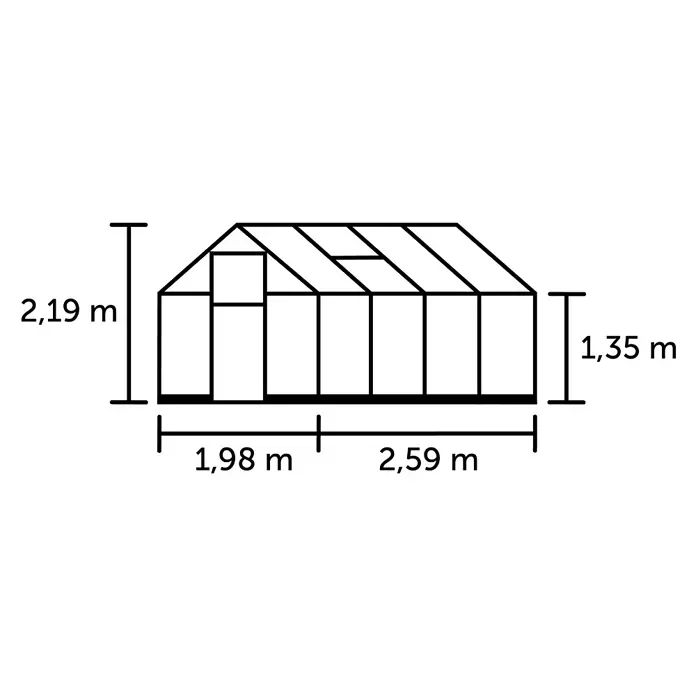 Halls Gewächshaus Qube 68 - Außenmaß inkl. Dachüberstand (B x T): 198 x 259 cm, Material Seitenwand: Glas, 3 mm, Schwarz - Strichzeichnung eines Gewächshauses mit Maßen: Gesamthöhe 2,19m, Traufhöhe 1,35m, Länge 1,98m + 2,59m.