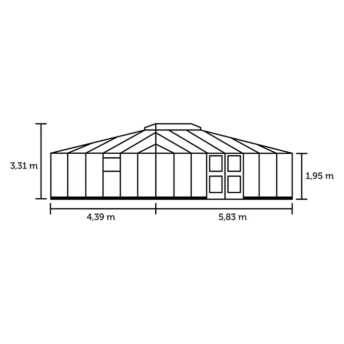 Juliana Gewächshaus Grand Oase - Material Seitenwand: Glas, 3 mm, Anthrazit - Technische Zeichnung eines Gewächshauses/Pavillons mit Maßen, schrägem Dach, Doppeltüren und Seitenfenster.