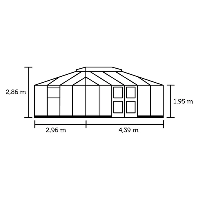 Juliana Gewächshaus Grand Oase - Außenmaß inkl. Dachüberstand (B x T): 439 x 296 cm - Linienzeichnung eines Gewächshauses mit Maßen: Gesamthöhe 2,86m, Seitenhöhe 1,95m, Länge 2,96m + 4,39m.