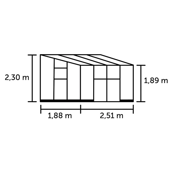 Halls Gewächshaus Qube Lean-to 68 - Außenmaß inkl. Dachüberstand (B x T): 251 x 188 cm, Material Seitenwand: Glas, Schwarz - Linienzeichnung eines Gewächshausrahmens mit Pultdach, Maße: Höhe 2,30m und 1,89m, Breite 1,88m und 2,51m.