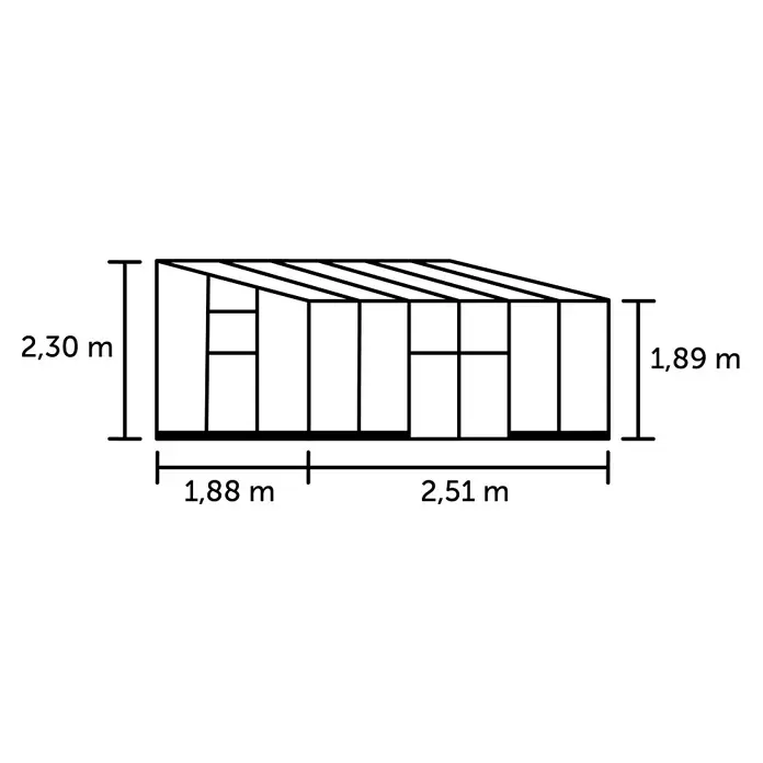 Halls Qube Gewächshaus Lean-to 612 - Außenmaß inkl. Dachüberstand (B x T): 374 x 188 cm, Material Seitenwand: Glas, 3 mm, Schwarz - Pultdach-Gewächshausstruktur mit Maßen: Höhen 2,30m und 1,89m, Gesamtbreite 4,39m.