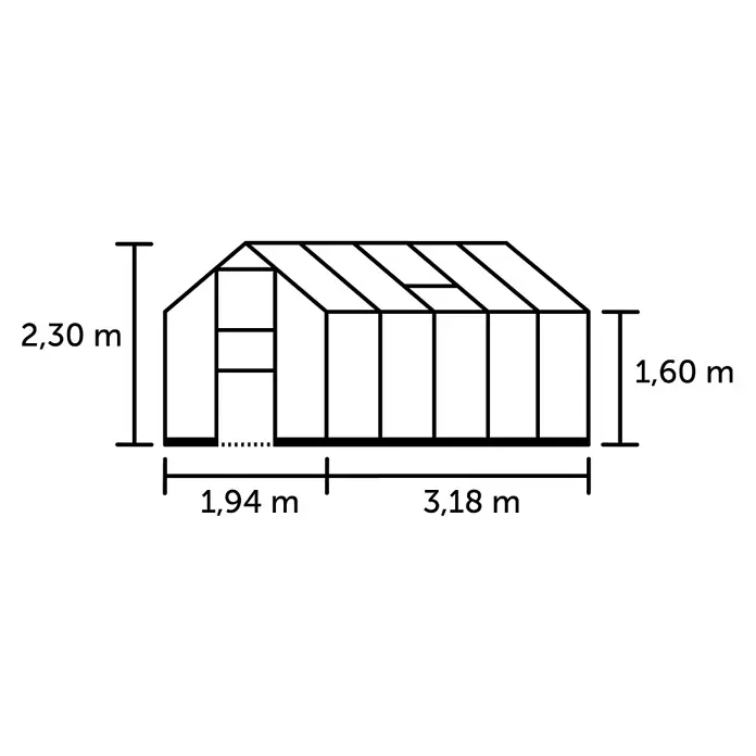 Halls Gewächshaus Burford 610 - Außenmaß inkl. Dachüberstand (B x T): 194 x 318 cm, Material Seitenwand: Glas, 3 mm, Schwarz - Linienzeichnung eines Gewächshauses mit Maßen: Gesamthöhe 2,30m, Seitenhöhe 1,60m, Längen 1,94m und 3,18m.