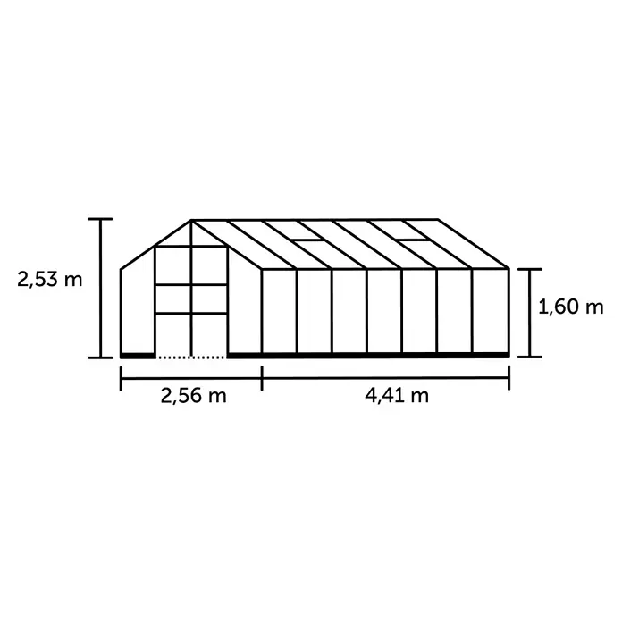 Halls Gewächshaus Blockley 814 - Außenmaß inkl. Dachüberstand (B x T): 256 x 441 cm, Material Seitenwand: Glas, 3 mm, Schwarz - Gewächshaus-Schema mit Dach- und Seitenwandmaßen. Gesamthöhe 2,53m, Seitenhöhe 1,60m, Gesamtlänge 6,97m.