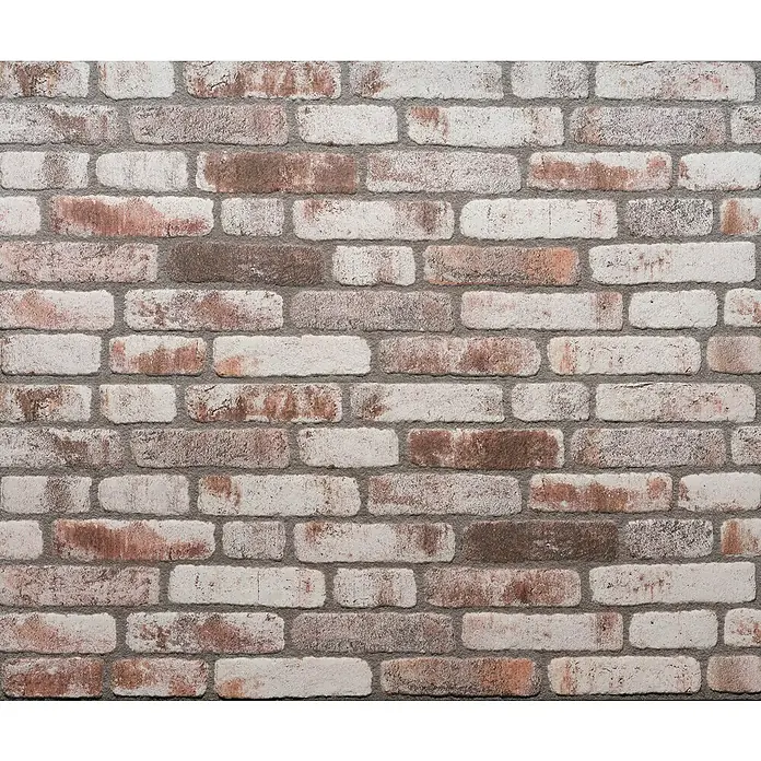 Panel de pared Ladrillo - 120 x 50 cm, 2 ud. - Primer plano de una pared de ladrillo blanco con tonos de rojo y marrón, que ofrece una sensación rústica e industrial.