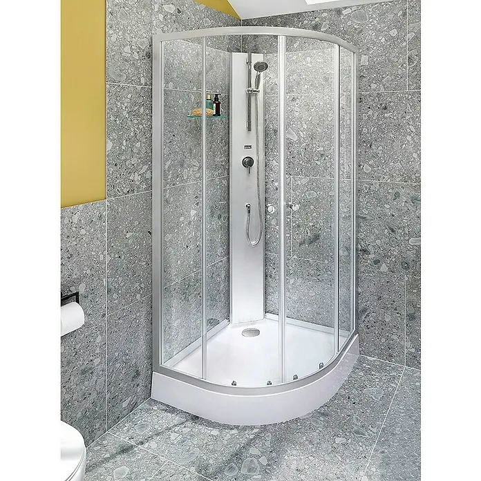 Aurlane Komplettdusche White Sea - 90 x 90 x 210 cm, Weiß/Grau - Ein elegantes Eckduschkabinen-Set mit klaren Glaswänden und einem modernen Duschpaneel, das ein stilvolles Badezimmer-Upgrade bietet.